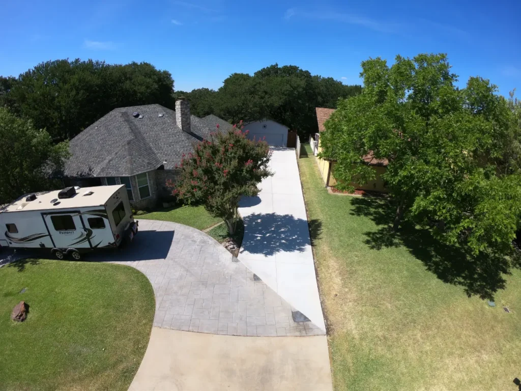 Aerial view of completed patio project from A and A Fence & Concrete
