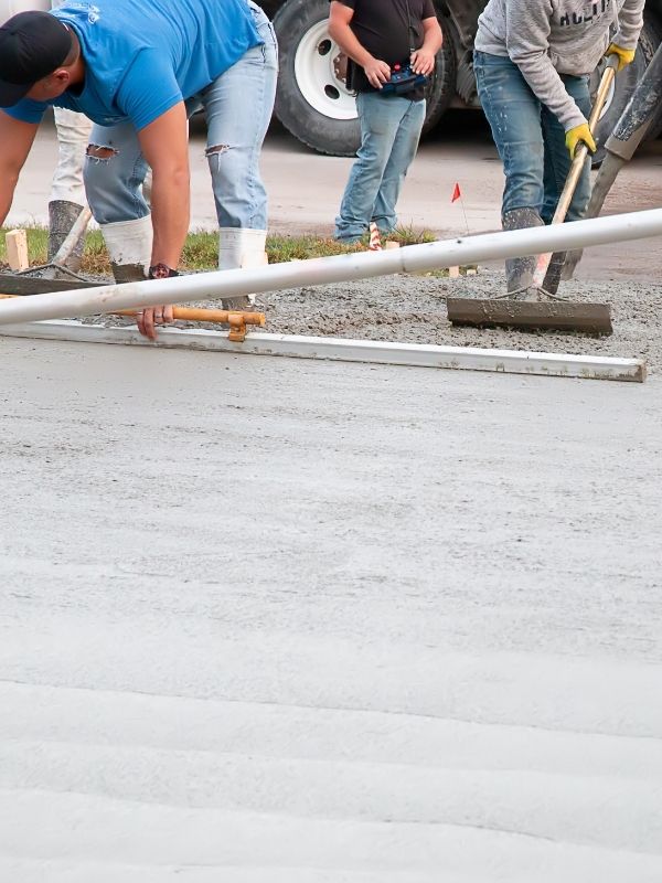 Workers are installing a concrete driveway on a residential property. 