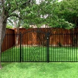Picket-top iron fence with arched walk gate